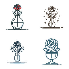 Rose in crystal vase illustrations, minimal line art style  