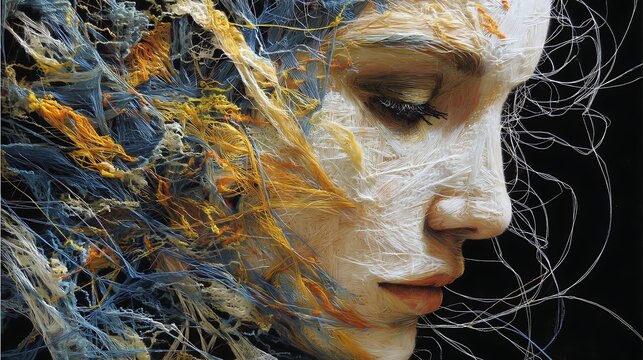 conceptual art of souls entangled by emotions and dreams, delicate faces fading into flowing colors, threads of fate interweaving between beings, 
