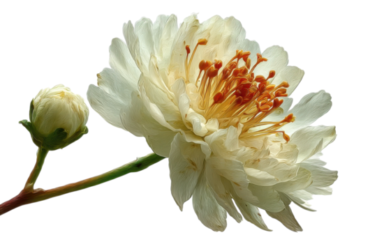 Ethereal blossom A close up art of a pristine white flower with vivid orange stamen contrasted