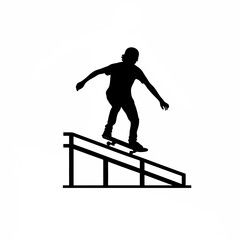 Silhouette of person grinding on rail with skateboard on white background
