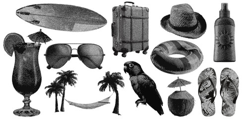 Set of summer vacation halftone grunge vector design elements