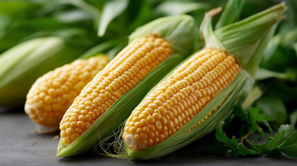 Close-up of fresh corn on the cob with husks peeled back.