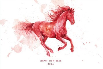 Red watercolor horse running with splashes celebrating happy new year 2026 symbolizing energy freedom power and vitality with copy space