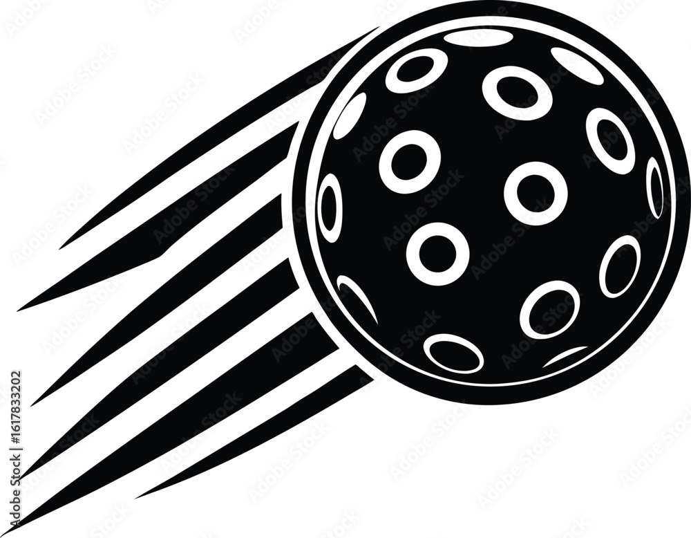 Poster dynamic black and white graphic of a pickleball with motion lines suggesting speed and action isolat