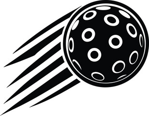 Dynamic black and white graphic of a pickleball with motion lines suggesting speed and action isolated on transparent background