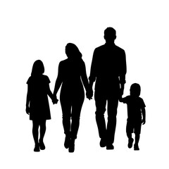 Family silhouette with mother, father, daughter, and son holding hands, family silhouette. Group walks together, parents holding children, enjoying a stroll.
