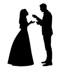 Silhouette of couple exchanging rings during wedding ceremony. Silhouette highlights tender moment, capturing man offering ring to woman in elegant gown. Silhouette conveys romance and commitment