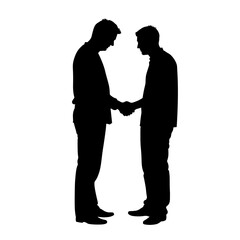 Silhouette of two businessmen shaking hands against white backdrop. Silhouette is a powerful visual element, symbolizing agreement and partnership.