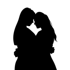 Two women silhouette embracing, showing tender affection, love, and care on isolated white background. Silhouette in black symbolizes female bonding, friendship, and shared feelings.