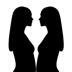 Side view women silhouette, two female figures in contrasting silhouettes on a solid backdrop. Figure study captures female forms, emphasizing shapes and contours.