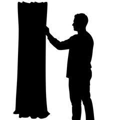 Silhouette of man adjusting curtain in studio, a stark and simple image. Silhouette of man is captured in stark contrast, highlighting shape and form. Silhouette of man provides a dramatic