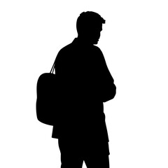 Silhouette of man carrying bag, a striking silhouette against clean white background. This silhouette showcases casual posture of individual with shoulder bag, creating powerful contrast.