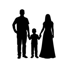 Silhouette of family is seen, comprising father, mother, and child standing together holding hands. This silhouette showcases familial unity and affection