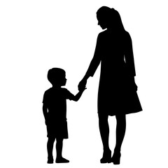 Silhouette of mother and child holding hands creates a heartwarming moment, depicted as a dark silhouette. This silhouette captures family connection and maternal love