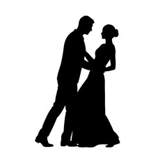 Dancing silhouette couple with elegant dance moves in formal wear. The silhouette shows a man and woman embracing, ready to dance, symbolizing romance and connection.