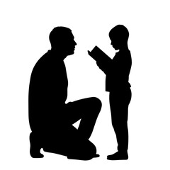 Silhouette of father and son reading, isolated against white backdrop. Silhouette features father kneeling, attentive as son shares storybook.
