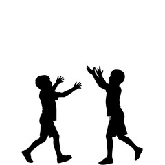 Silhouette of children playing with outstretched arms against a white background. Silhouette of boys in motion, showing active lifestyle and childlike energy with arms extended, evoking playfulness.