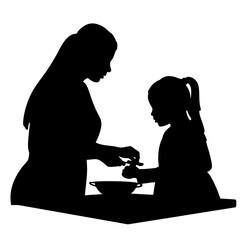 Silhouetted mother and child preparing food together at table, silhouetted with love and care. Silhouetted mother helps young daughter mix ingredients in bowl, teaching culinary skills.