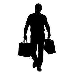 Shopping silhouette shows man carrying shopping bags against plain background. Shopping silhouette of a consumer carrying two shopping bags with handle, isolated on white.