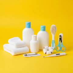 set of cosmetic products. Essential hygiene tools for newborn and baby care on a vibrant yellow background.