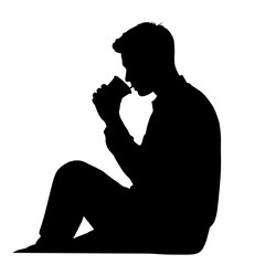 Silhouette of man drinking, showcasing male figure isolated against white backdrop. Silhouette presents seated person enjoying beverage, providing clean graphic for designs.