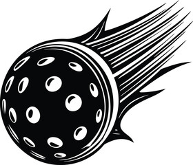 Stylized black and white illustration of a pickleball in motion with a fiery tail isolated on transparent background