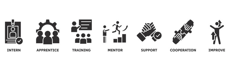 Trainee icon set illustration concept with icon of intern, apprentice, training, mentor, support, cooperation, improve