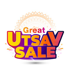 Great Utsav Sale 3d logo with floral design for Indian festival Navratri, Diwali, dhanteras and Ganpati Ganesh Chaturthi.