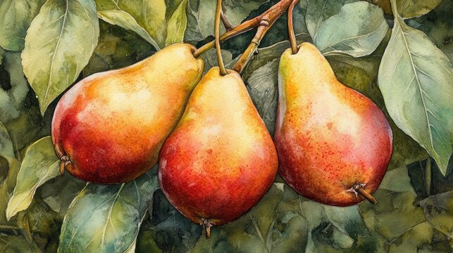 Watercolor pears on branch with leaves. Close-up view of three ripe pears,  reddish-yellow hues,  hanging on a branch amidst green leaves.