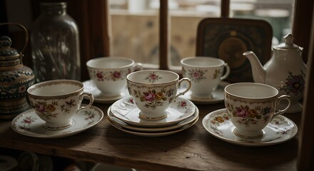 Vintage Floral Teacups and Plates Set on Wooden Shelf in Cozy Kitchen