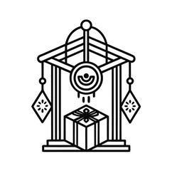 Minimalist black line art of a meditation chime and gift box