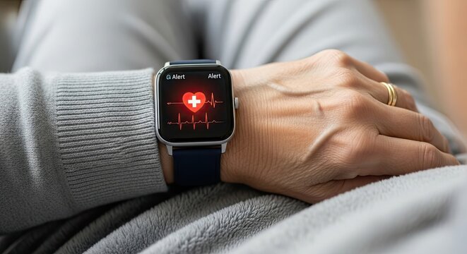 Senior Citizen Using a Wearable Health Monitor with a Cross Alert