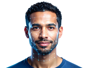 3D Face ID Scan Icon with Grid Overlay and Facial Dots