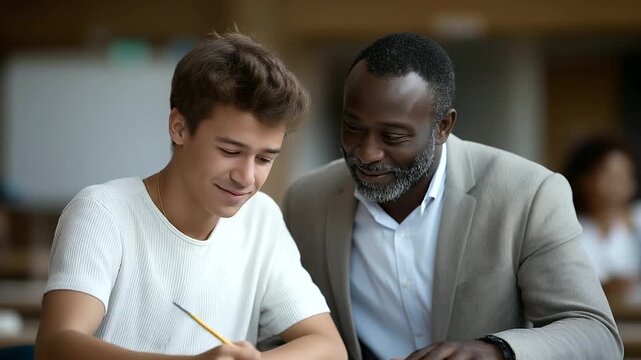Teacher Encouraging Teen on Essay with Motivational Gesture