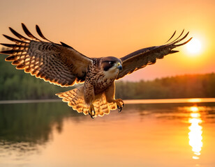Rescued Falcon Soaring Over a beautiful Lake at Sunset. A natural wallpaper. Close-up of a falcon in flight.