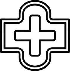 Black and white abstract cross shape with rounded corners and double outline plus sign symbol