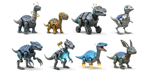 Ancient world creatures reimagined as futuristic robotic companions with glowing limbs, fantasy-mechanical anatomy, friendly digital expressions