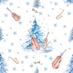 Seamless pattern with blue spruces, snowflakes and musical instruments. Illustration for Christmas wrapping paper, printing on cards, fabric, invitations, creating merch.
