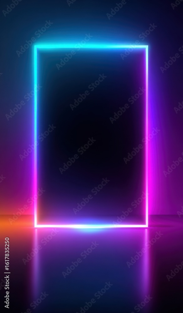 Poster abstract colorful flowing design with neon frame on gradient background