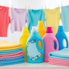cleaning products. laundry detergent and towels. Laundry day essentials featuring colorful detergent bottles and neatly folded towels with clothes drying in the background.
