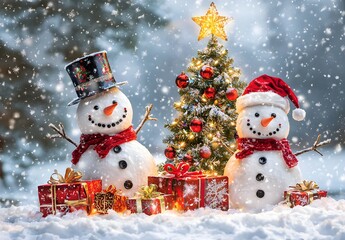 Fototapeta premium Photo of a snowy winter scene with two snowmen and a Christmas tree surrounded by gifts