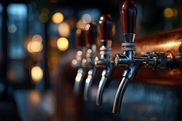 Closeup of a row of beer taps with wooden handles on a bar lights blurred in the background