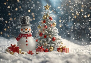 Obraz premium Photo of a snowy winter scene with two snowmen and a Christmas tree surrounded by gifts
