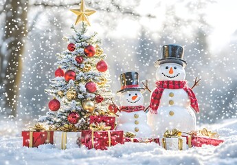 Obraz premium Photo of a snowy winter scene with two snowmen and a Christmas tree surrounded by gifts