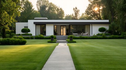 Modern house with a walkway leading to the entrance surrounded by green lawn area