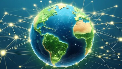 Clean blue and green globe surrounded by digital connections, representing global cooperation for climate action in the digital age  
