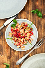 Prawns shrimps roasted on rustic wooden table