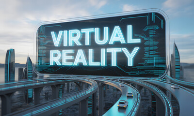 Digital 'Virtual Reality' Screen in a Futuristic Urban Landscape with Smart Traffic and Elevated Highways