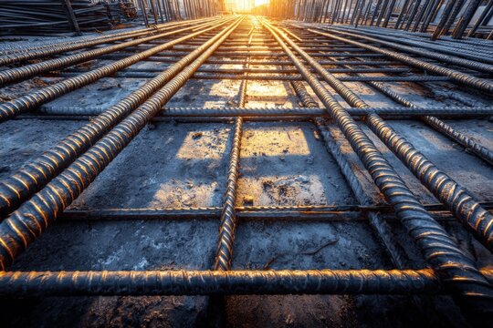 Construction site with emerging reinforced concrete foundations and steel rebar framework at sunrise for building infrastructure