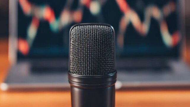 Poscast Business, Sleek Black Microphone Stand in Front of Blurred Laptop Displaying Colorful Sound Waves and Graphics